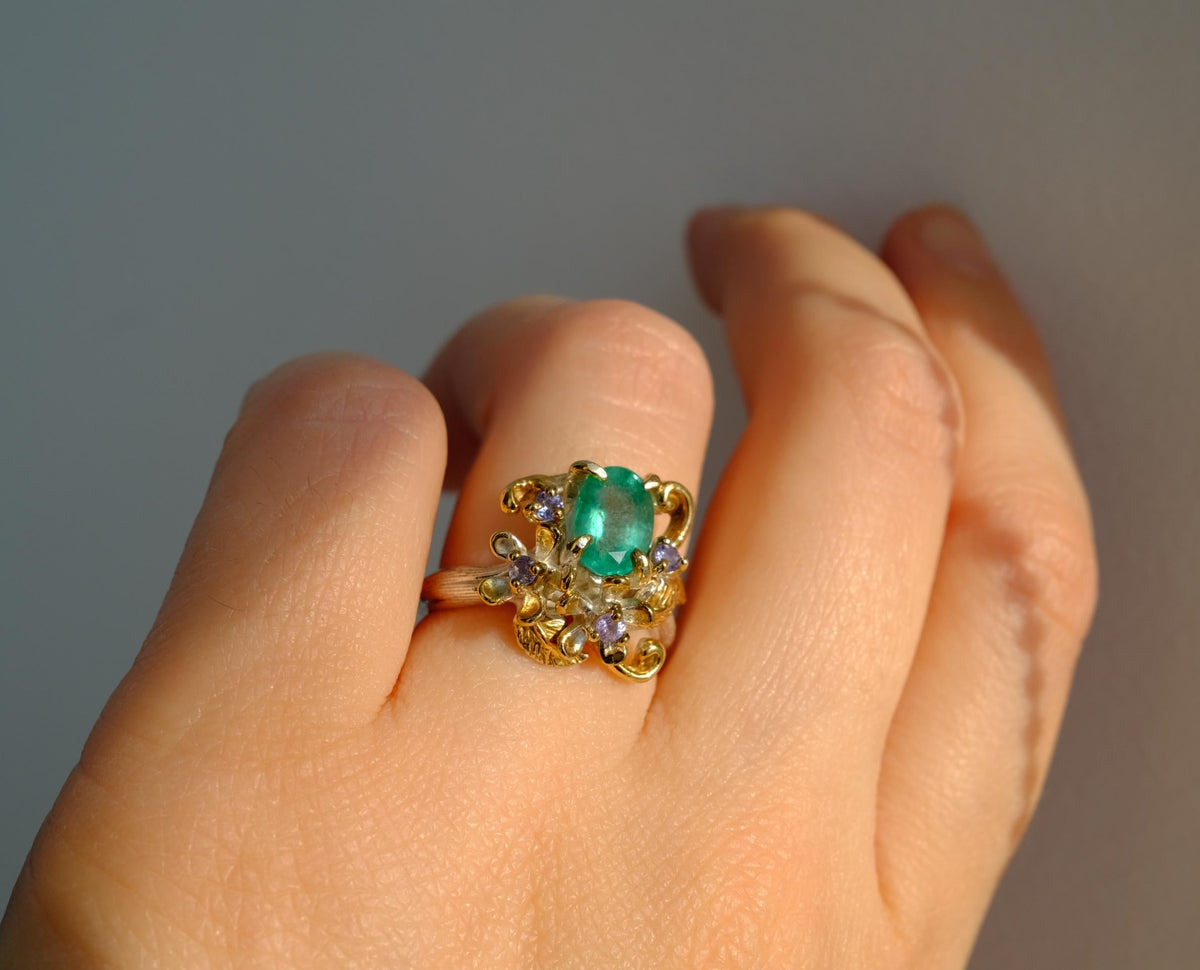 14K Solid Gold Emerald Ring, alternate angle