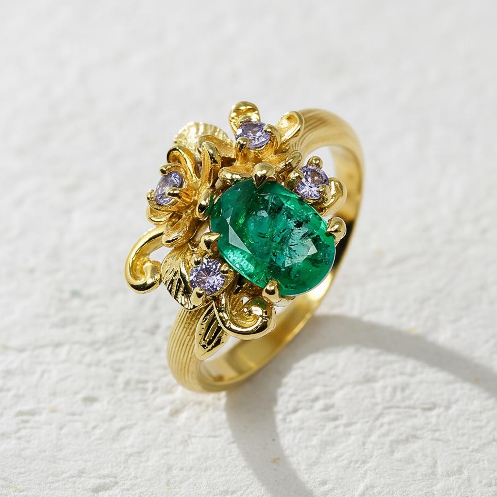 14K Solid Gold Emerald Ring, worn look