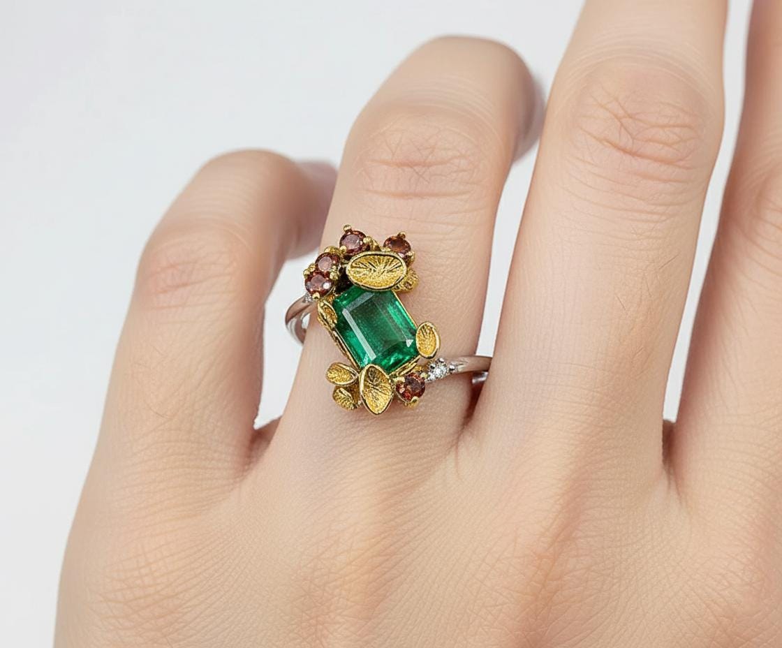 14K Solid Gold Emerald Ring, alternate angle
