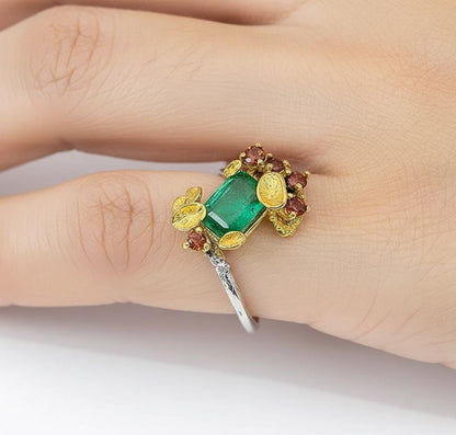 14K Solid Gold Emerald Ring, worn on hand