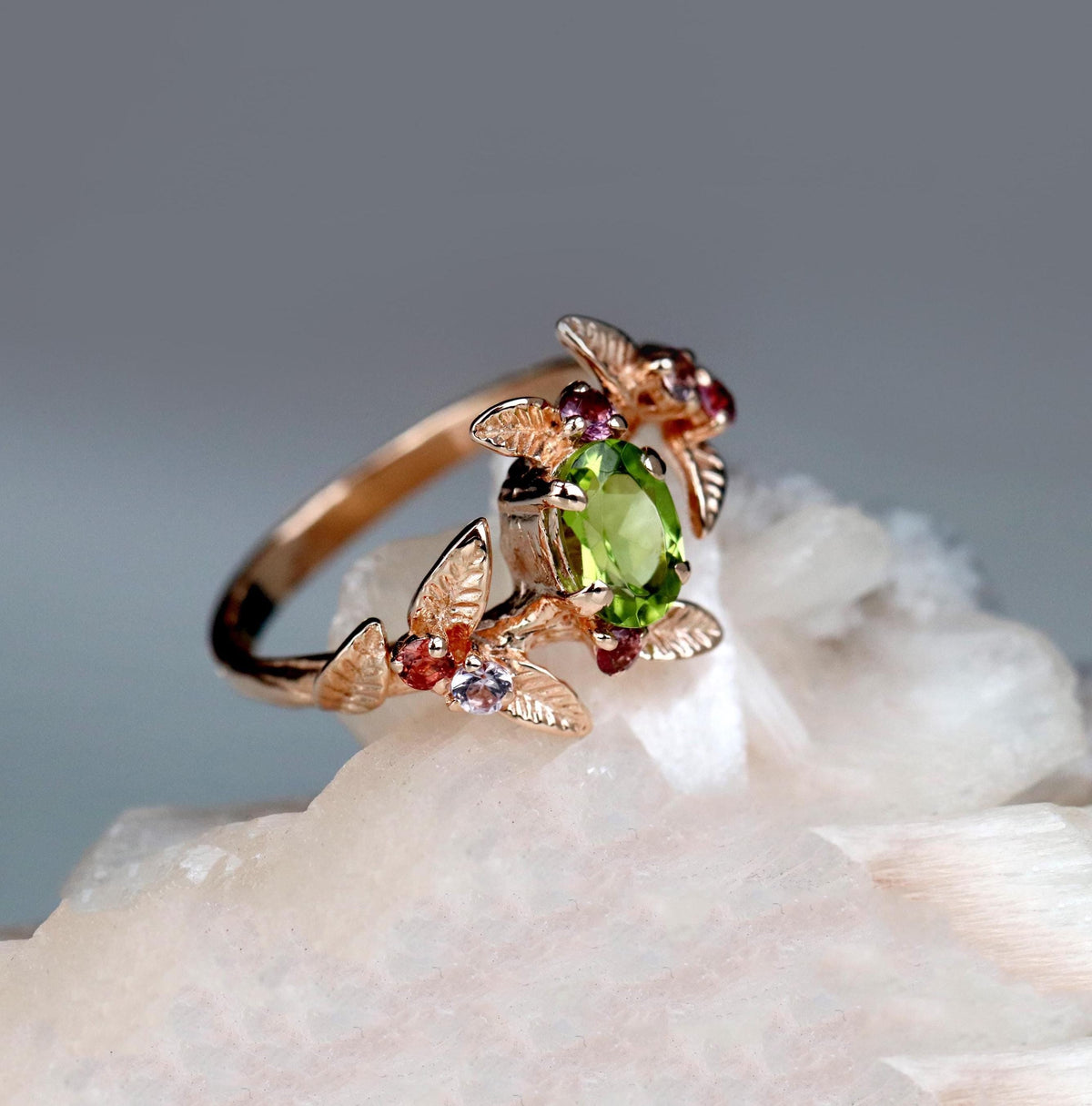 14K Solid Gold Green Peridot Spinel Ring, worn on hand, image 14