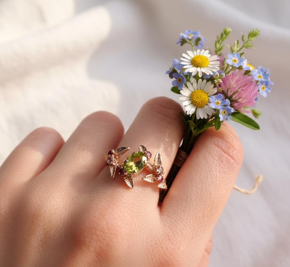 14K Solid Gold Green Peridot Spinel Ring, alternate angle