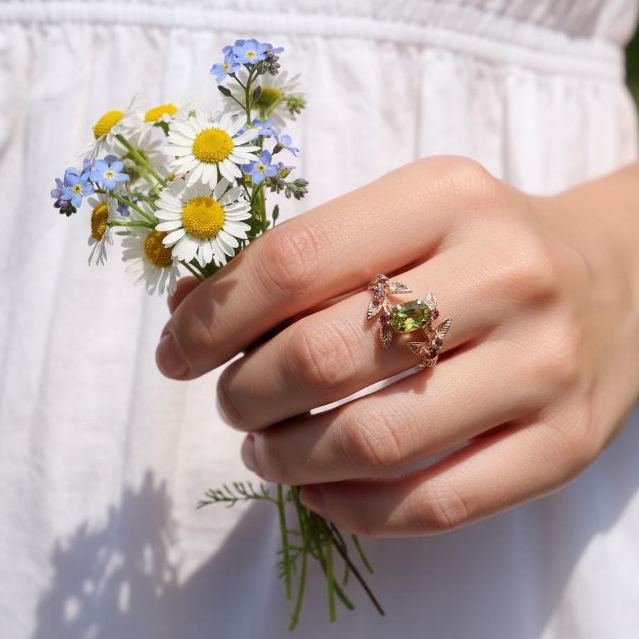 14K Solid Gold Green Peridot Spinel Ring, side view