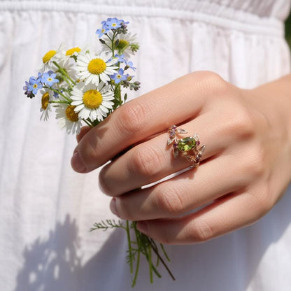 14K Solid Gold Green Peridot Spinel Ring, side view