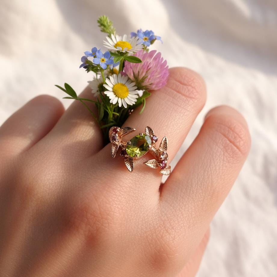 14K Solid Gold Green Peridot Spinel Ring, additional angle