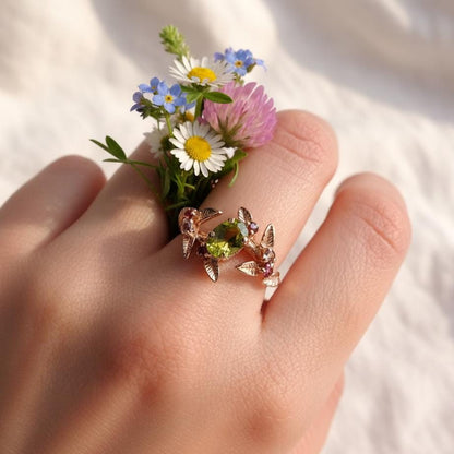 14K Solid Gold Green Peridot Spinel Ring, additional angle