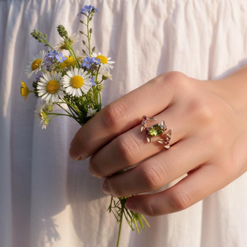 14K Solid Gold Green Peridot Spinel Ring, worn look