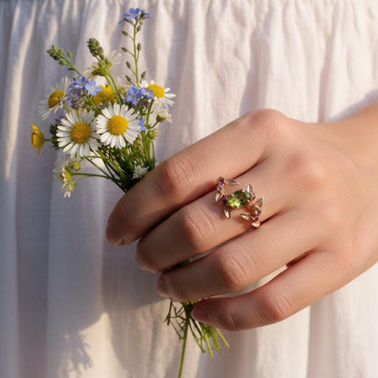14K Solid Gold Green Peridot Spinel Ring, worn look
