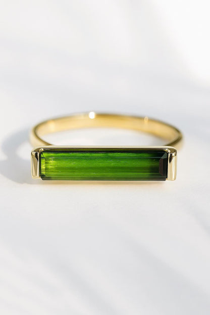 14K Solid Gold Green Tourmaline Ring, worn look