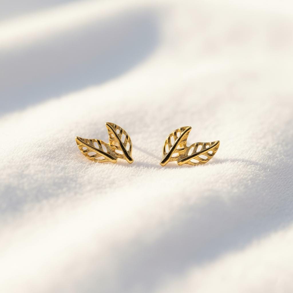 14K Solid Gold Dainty Leaf Earrings, close-up detail