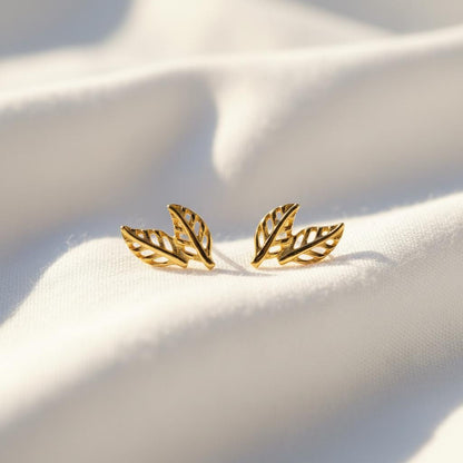 14K Solid Gold Dainty Leaf Earrings, worn view