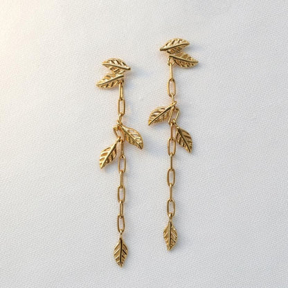 14K Solid Gold Dainty Leaf Earrings, side angle
