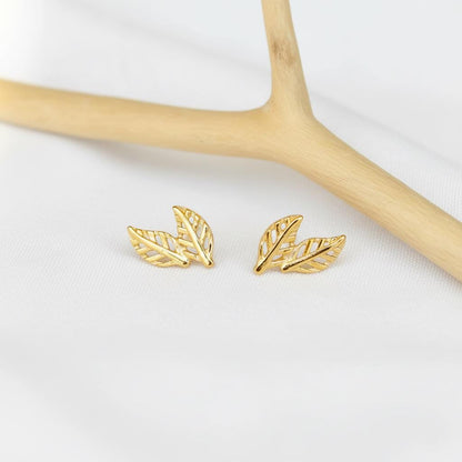14K Solid Gold Dainty Leaf Earrings, additional angle