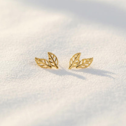 14K Solid Gold Dainty Leaf Earrings, worn look