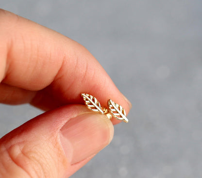14K Solid Gold Leaf Stud Earrings, alternate angle