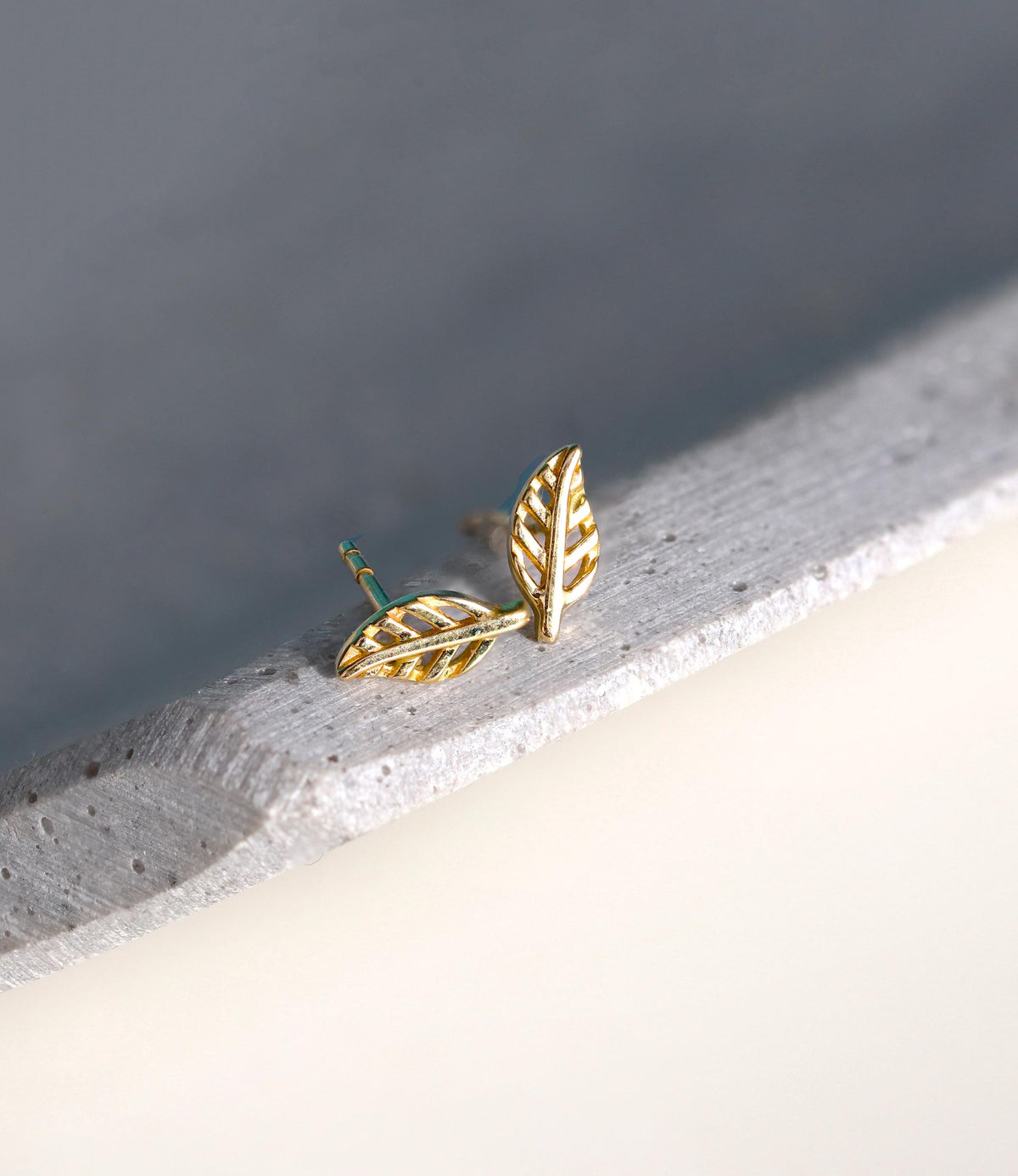 14K Solid Gold Leaf Stud Earrings, side angle