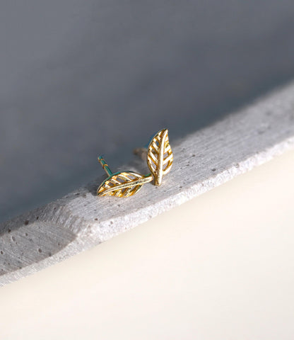 14K Solid Gold Leaf Stud Earrings, side angle