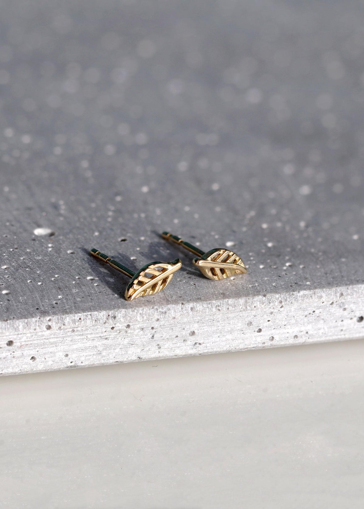 14K Solid Gold Leaf Stud Earrings, additional angle