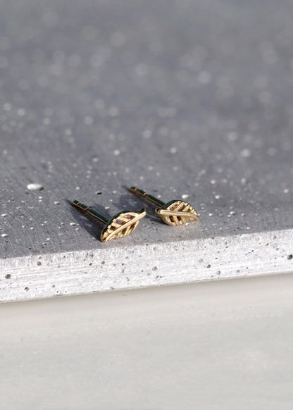 14K Solid Gold Leaf Stud Earrings, additional angle