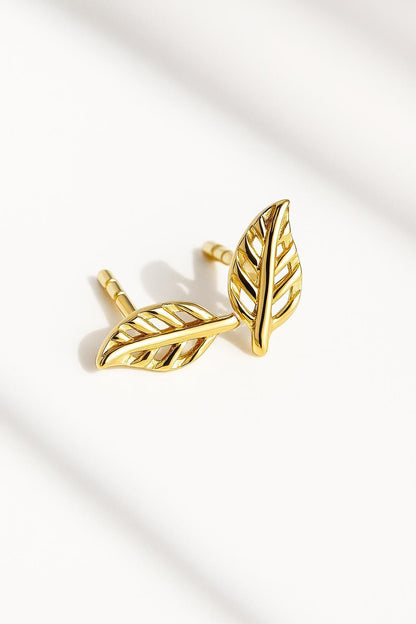 14K Solid Gold Leaf Stud Earrings, main product image