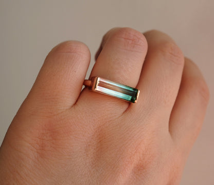 14K Solid Gold Long Bar Bi-Color Tourmaline Ring