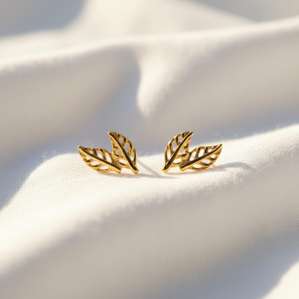 14K Solid Gold Leaf Stud Earrings, close-up detail