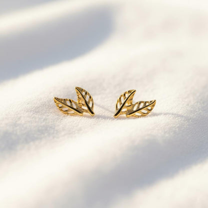 14K Solid Gold Leaf Stud Earrings, worn view