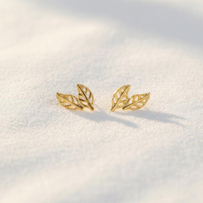 14K Solid Gold Leaf Stud Earrings, worn look