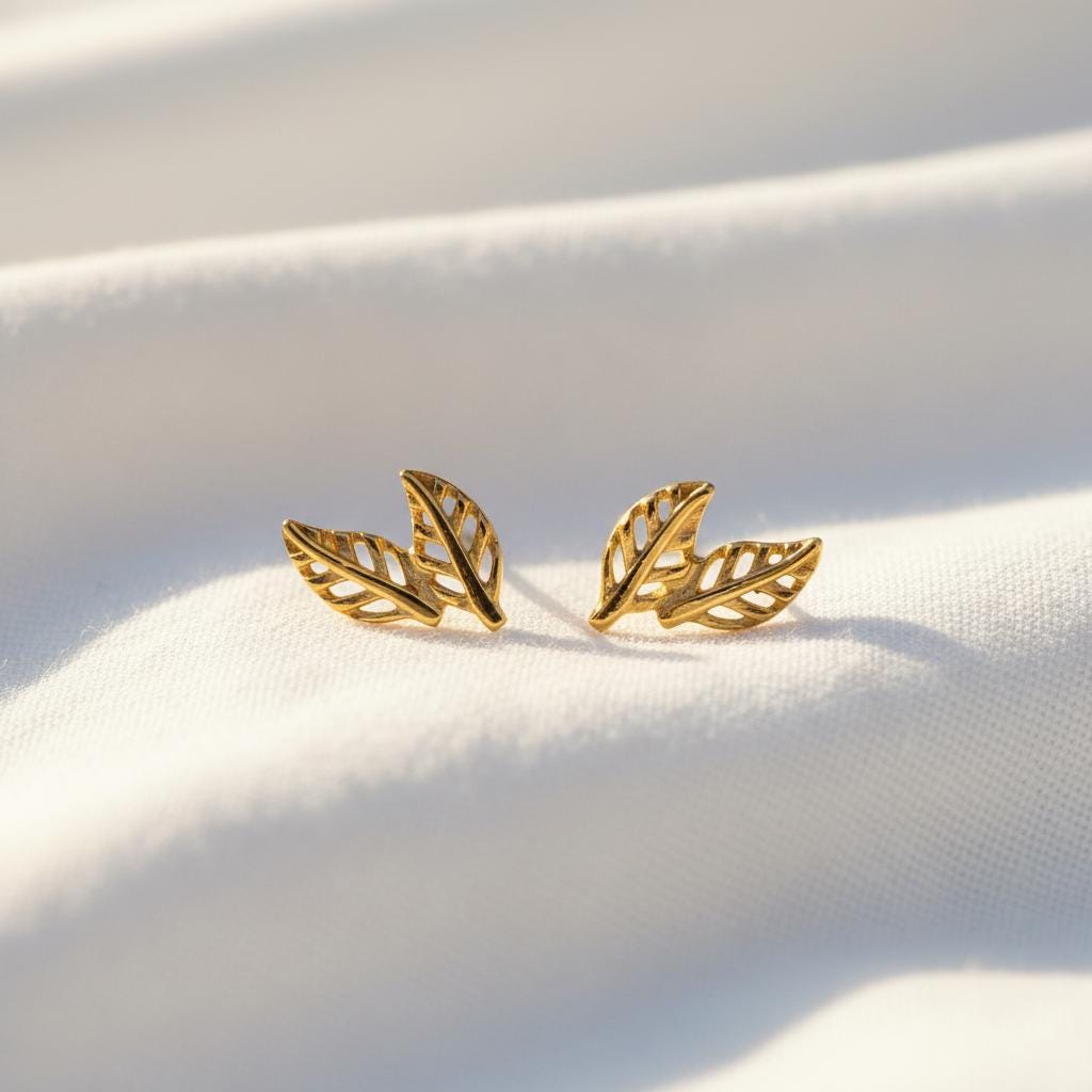 14K Solid Gold Leaf Stud Earrings, back or hook detail