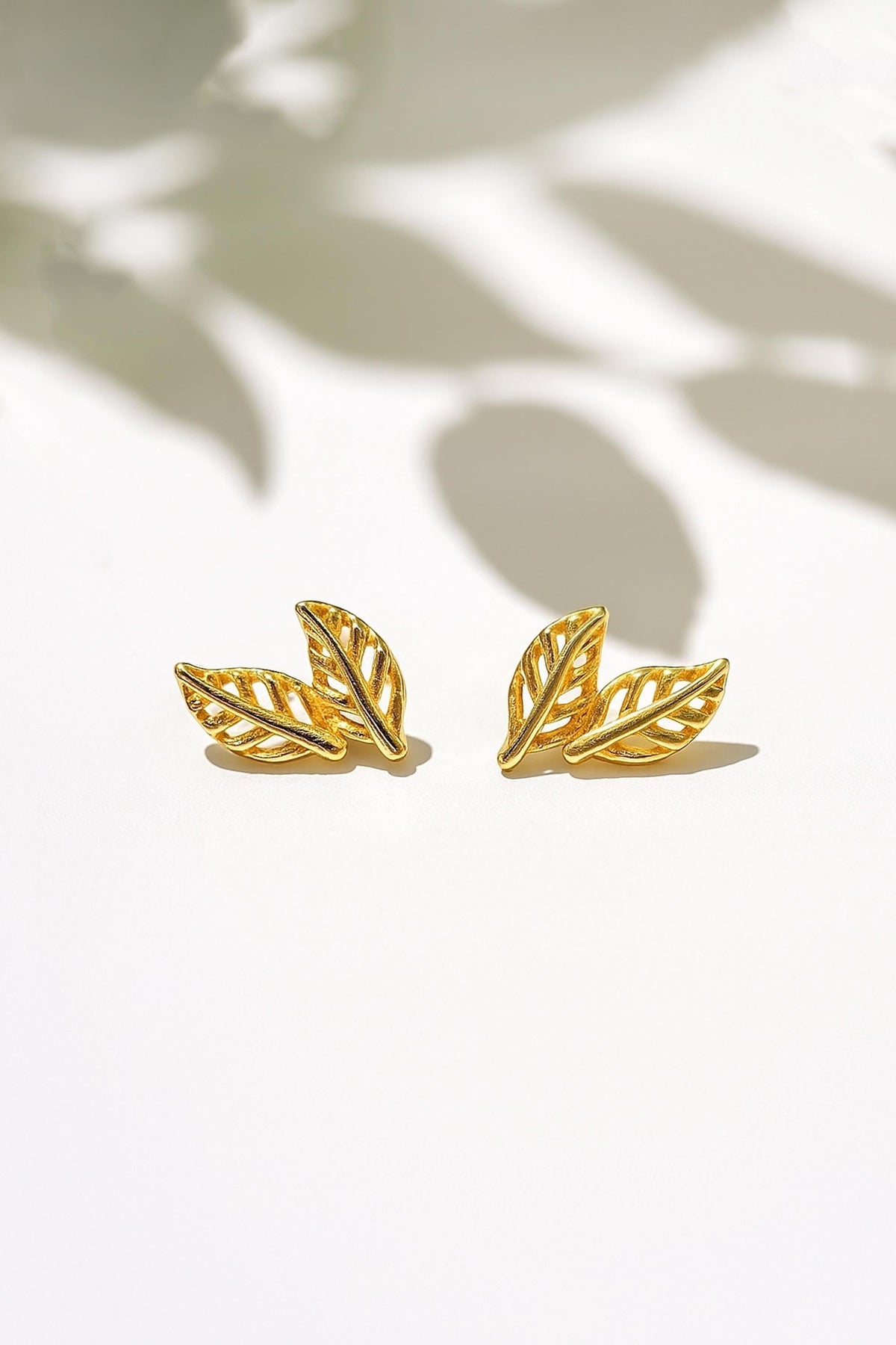 14K Solid Gold Leaf Stud Earrings, main product image