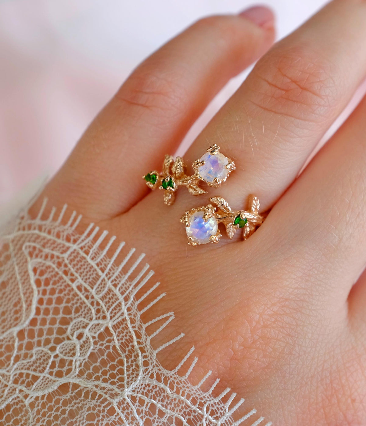 14K Solid Gold Moonstone Ring, close-up detail