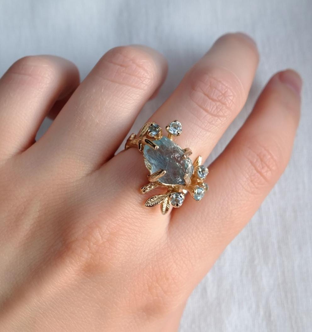 14K Solid Gold Raw Aquamarine Ring, worn on hand
