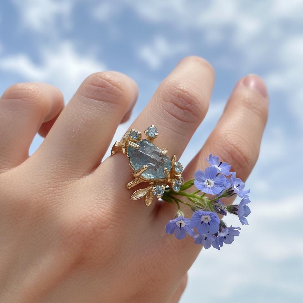 14K Solid Gold Raw Aquamarine Ring, worn look