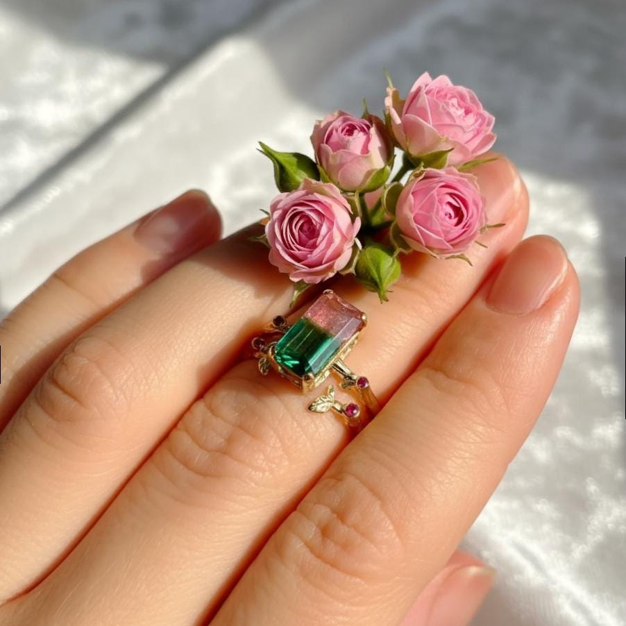 14K Solid Gold Watermelon Tourmaline Ring Set, alternate angle