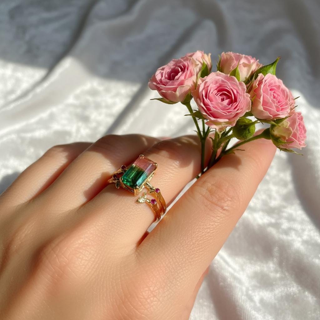 14K Solid Gold Watermelon Tourmaline Ring Set, close-up detail
