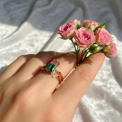 14K Solid Gold Watermelon Tourmaline Ring Set, close-up detail