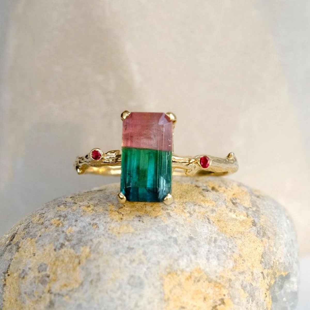 14K Solid Gold Watermelon Tourmaline Ring Set, worn look