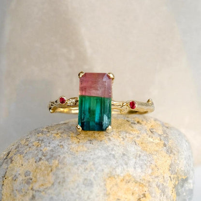 14K Solid Gold Watermelon Tourmaline Ring Set, worn look