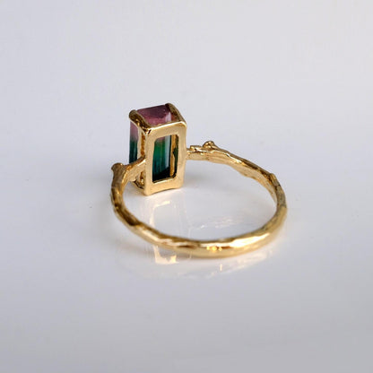 14K Solid Gold Watermelon Tourmaline Ring Set, band detail