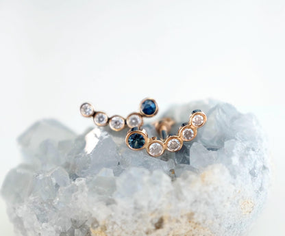 14K Solid Rose Gold Sapphire Moissanite Earrings, side angle