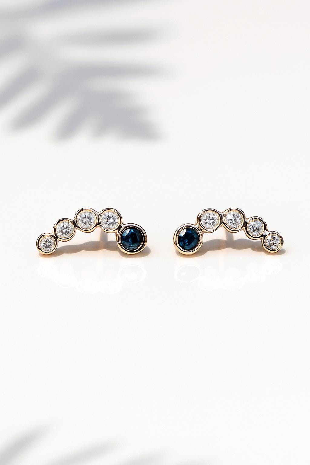 14K Solid Rose Gold Sapphire Moissanite Earrings, worn view