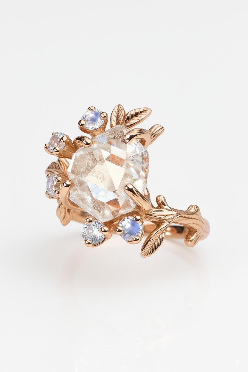 14K Solid Gold Herkimer Diamond Ring, worn on hand