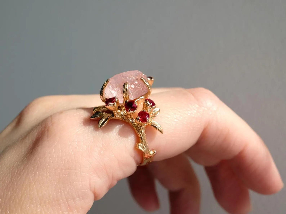 14K Solid Gold Pink Morganite Ring, side view