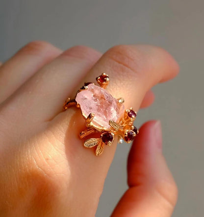 14K Solid Gold Pink Morganite Ring, worn on hand