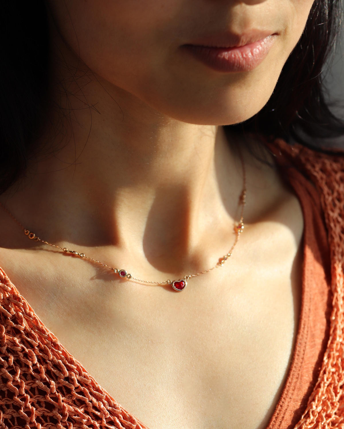 14K Solid Gold Ruby Heart Necklace, alternate angle