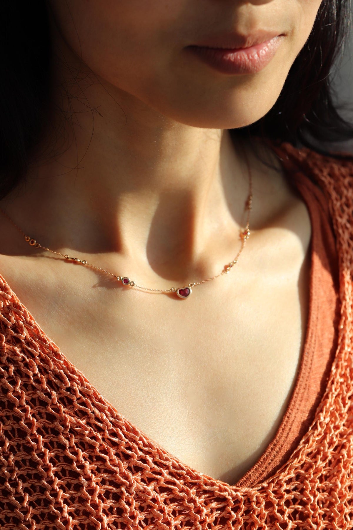 14K Solid Gold Ruby Heart Necklace, close-up detail