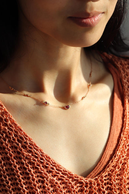 14K Solid Gold Ruby Heart Necklace, close-up detail