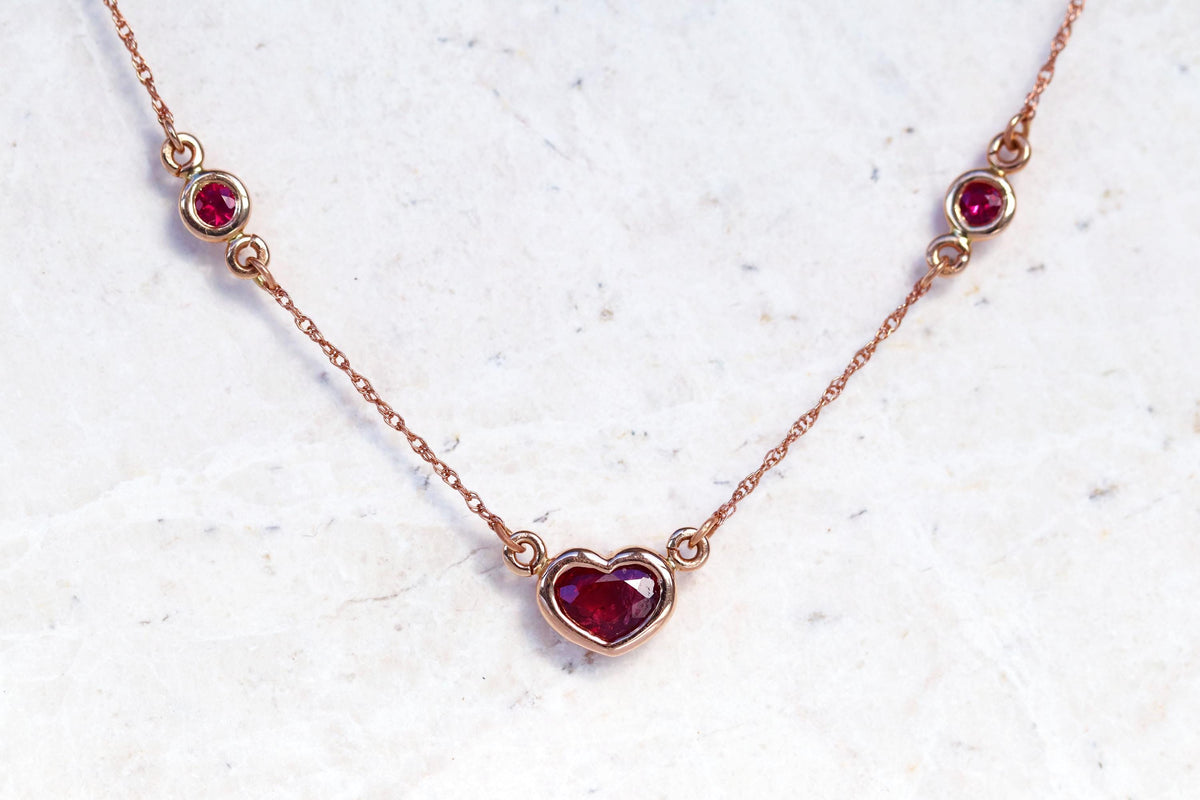 14K Solid Gold Ruby Heart Necklace, pendant detail