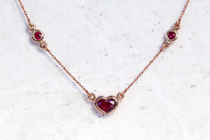 14K Solid Gold Ruby Heart Necklace, pendant detail