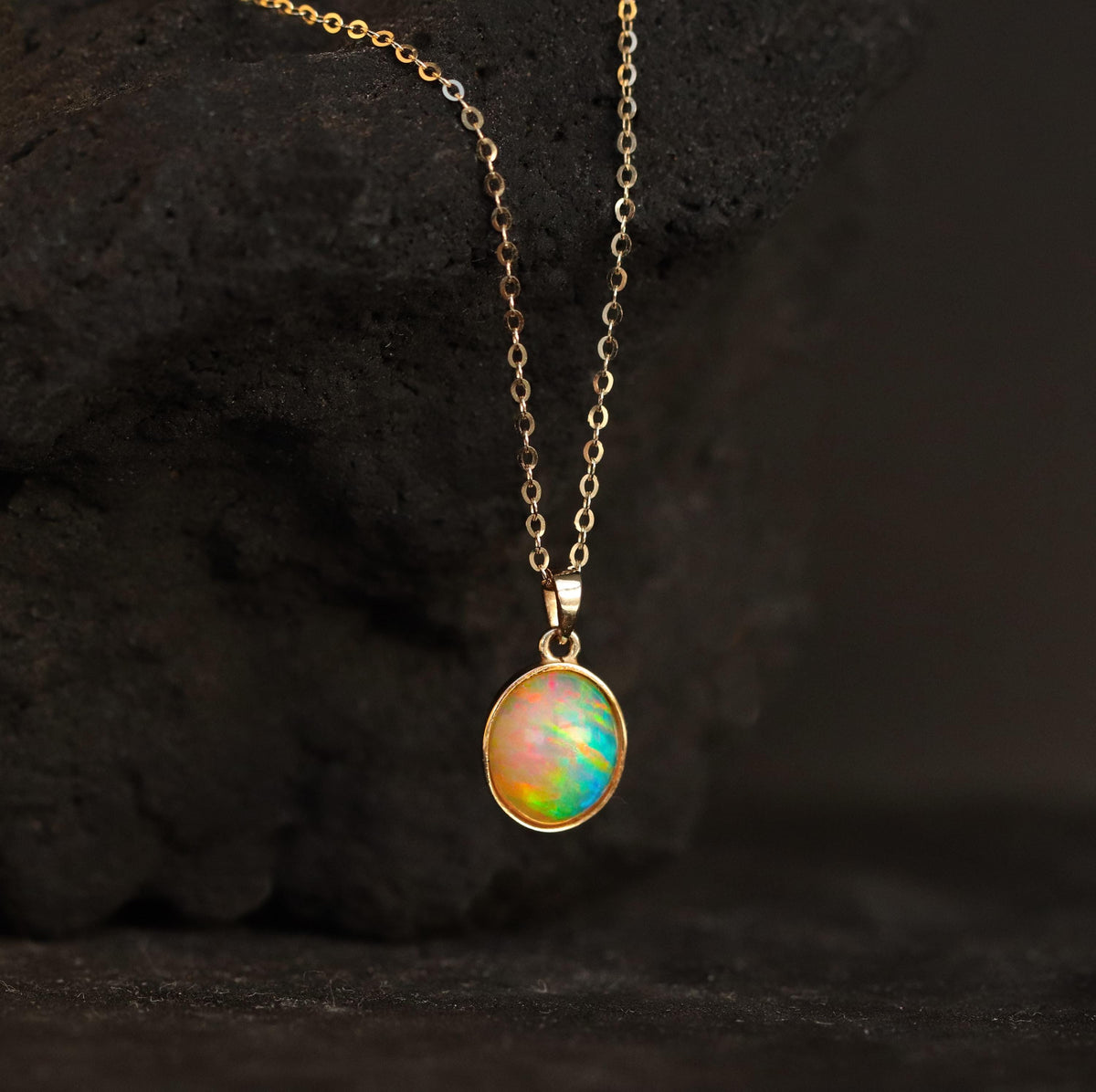 14K Solid Gold Opal Necklace, worn view